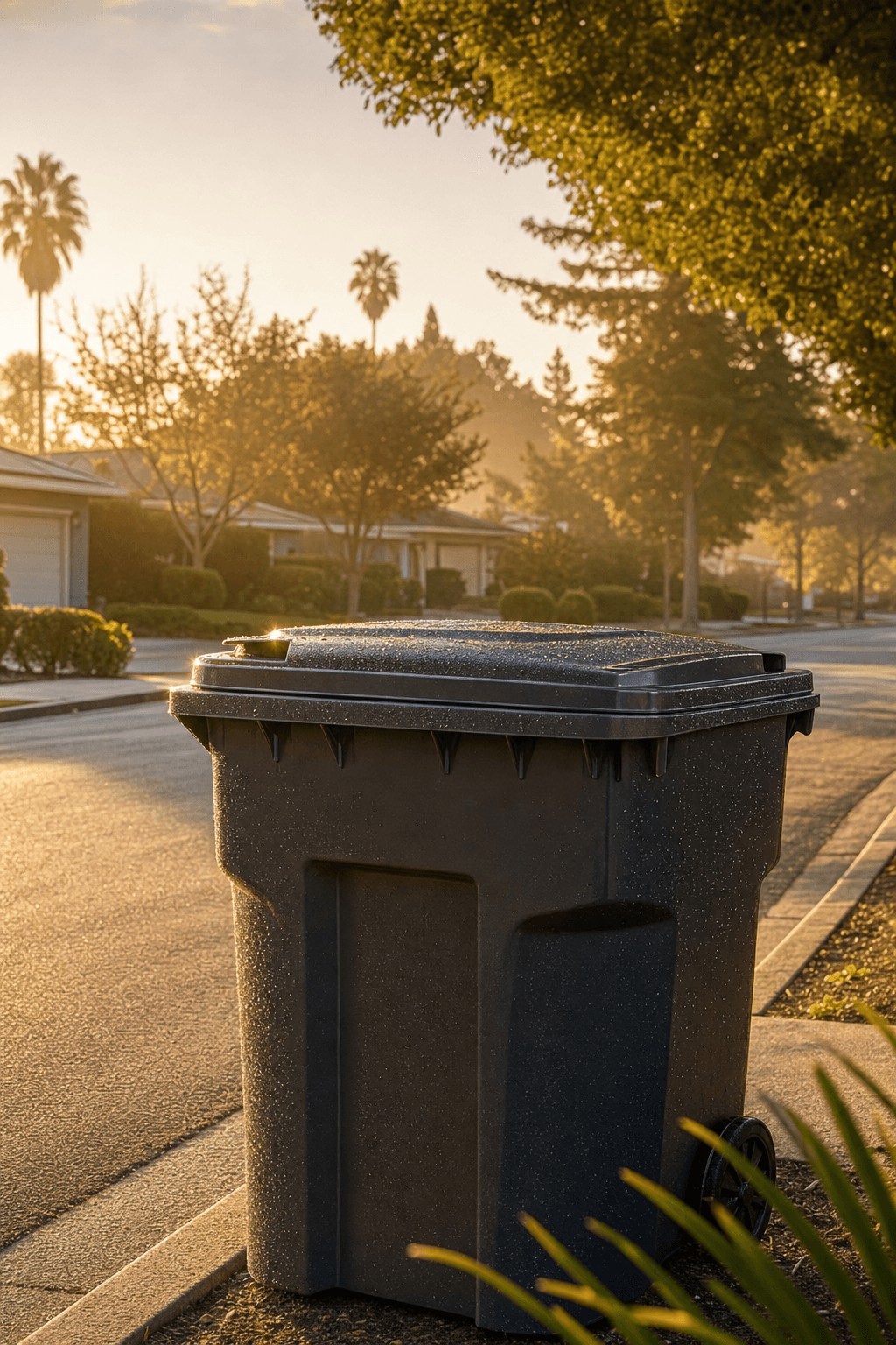 A sparkling clean trash bin at the curb in a peaceful Palo Alto neighborhood at sunrise, with soft morning fog and golden light