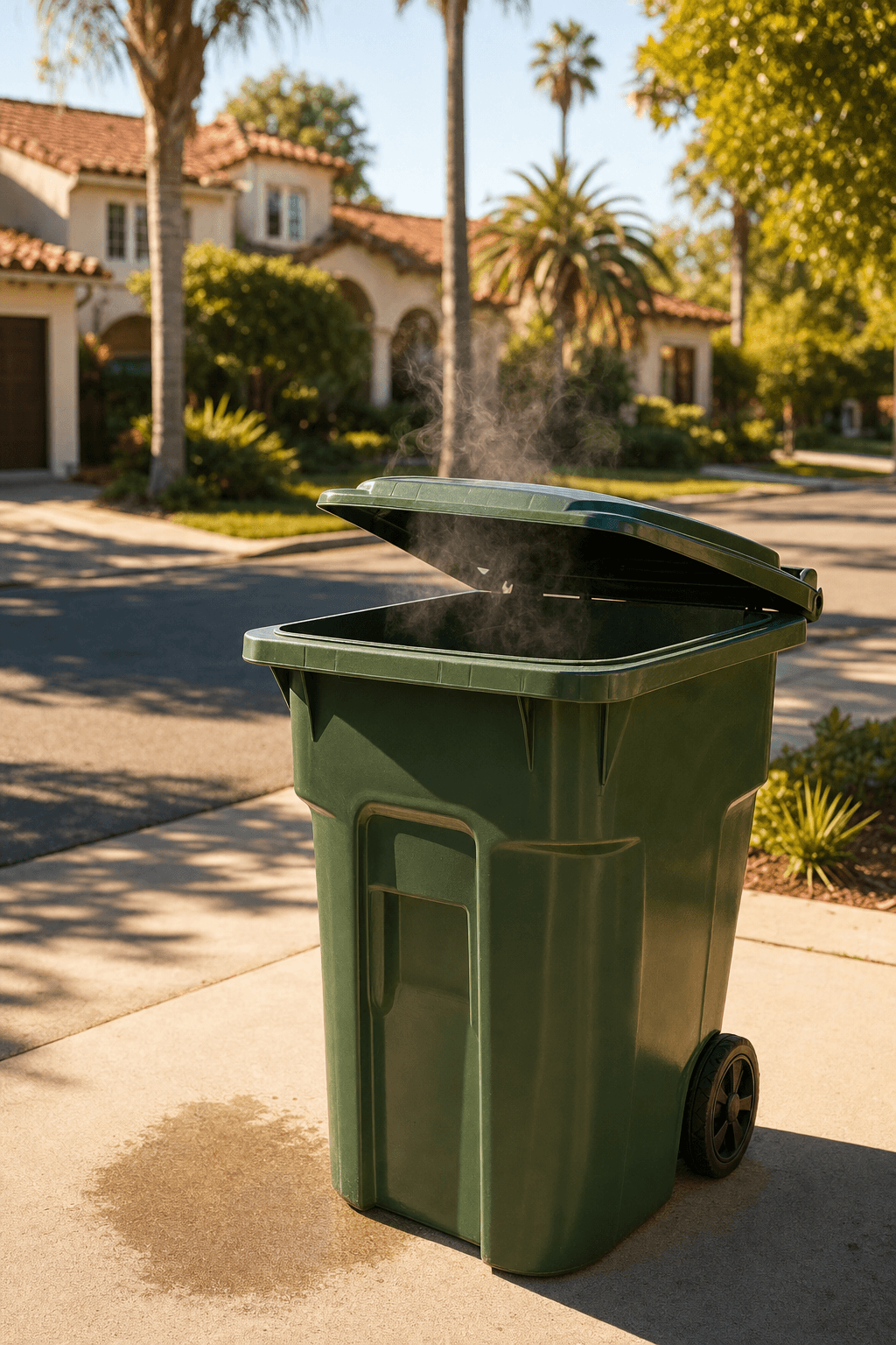 Freshly cleaned dark green trash bin on a sunlit Palo Alto driveway, steam rising gently after professional washing service