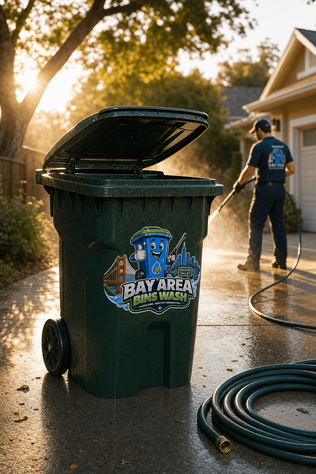 A freshly cleaned trash bin in a sunny Palo Alto driveway, with a worker in the background finishing up with a pressure washer, golden hour light.