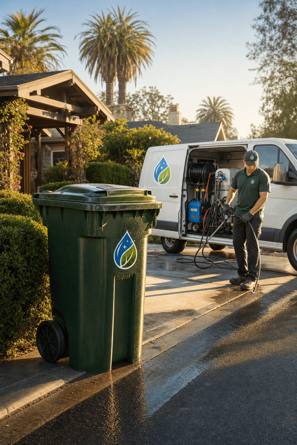 Bay Area Bins Wash worker finishing a bin cleaning service on a sunny Palo Alto morning, with a spotless trash bin gleaming at the curb and the service van in the background