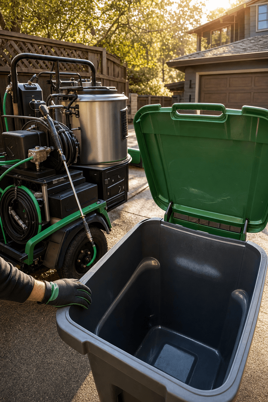 Behind the scenes of Bay Area Bins Wash: a professional cleaning setup in a Palo Alto driveway with a spotless trash bin glinting in morning sunlight, capturing the craftsmanship behind the service.