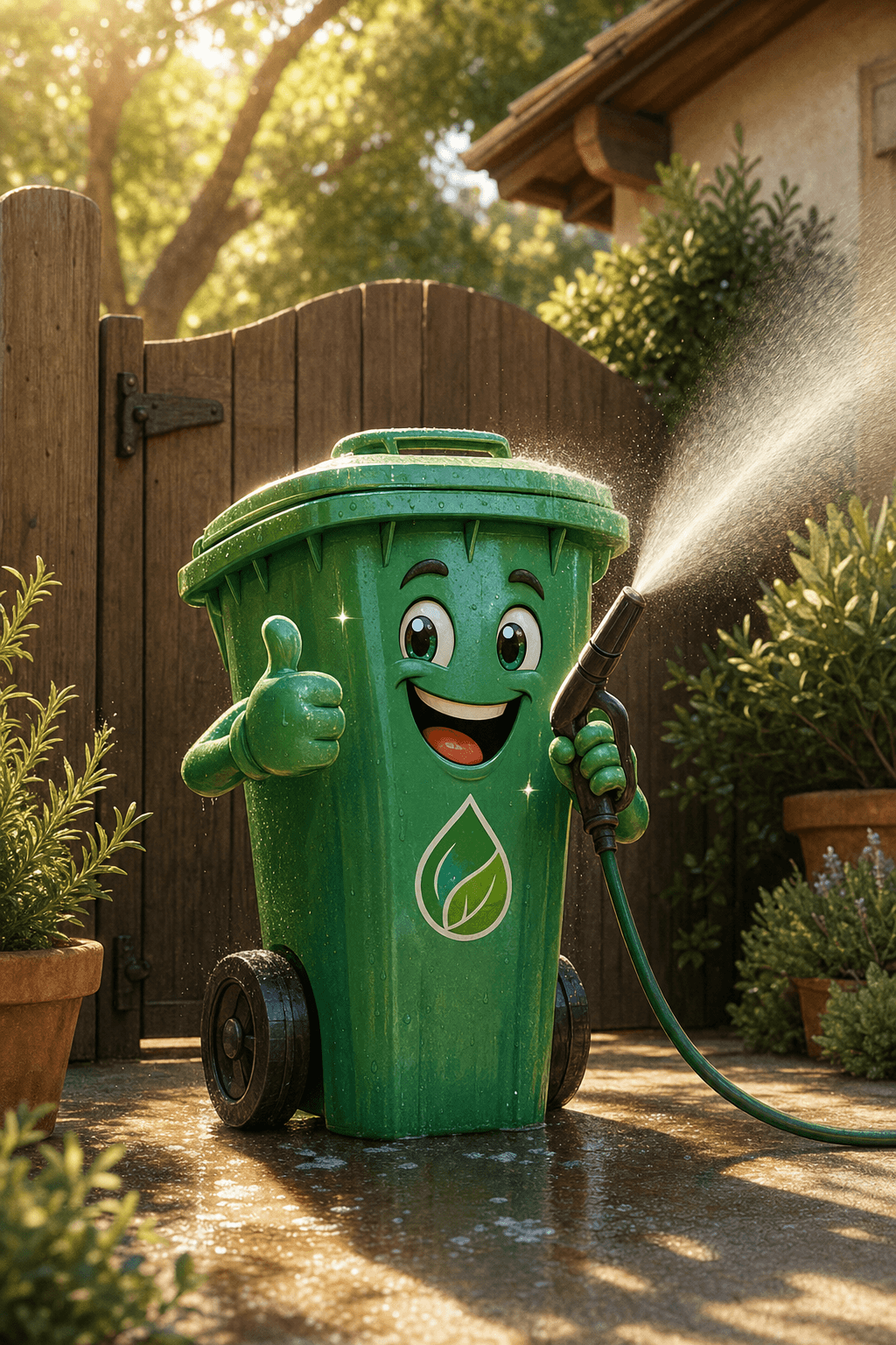 A clean, gleaming green trash bin character being gently sprayed with water on a sunlit Palo Alto driveway, warm rustic tones and soft morning light.