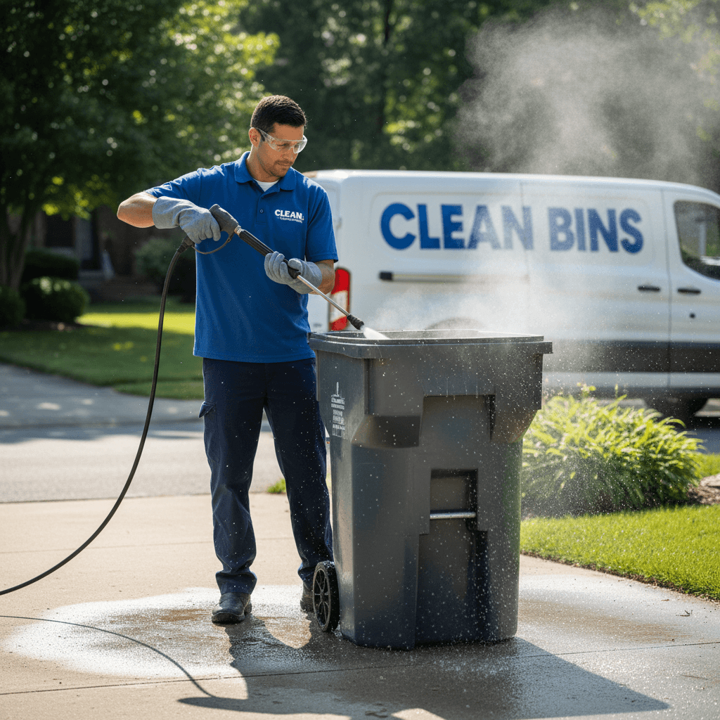 Hot water pressure washing a trash bin in a driveway