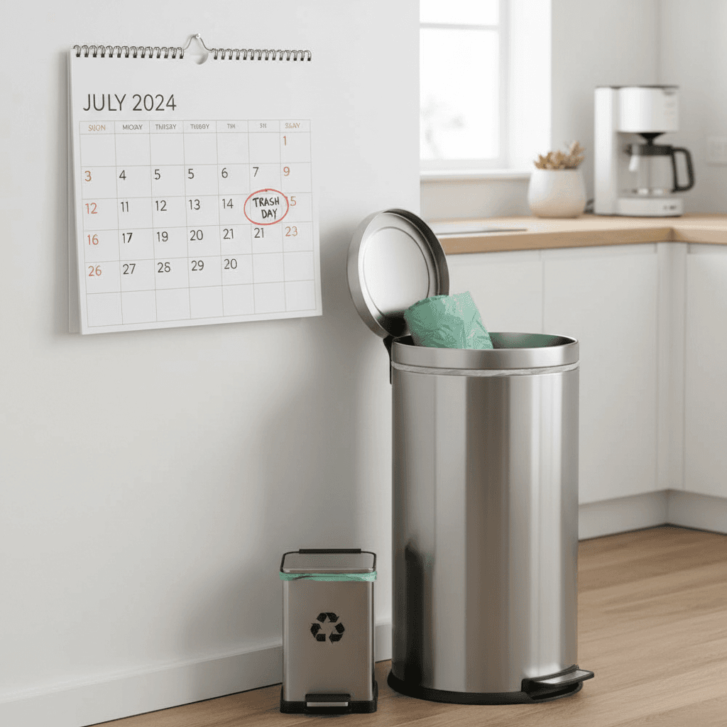 Calendar on a kitchen counter with a marked trash day, a clean bin beside it