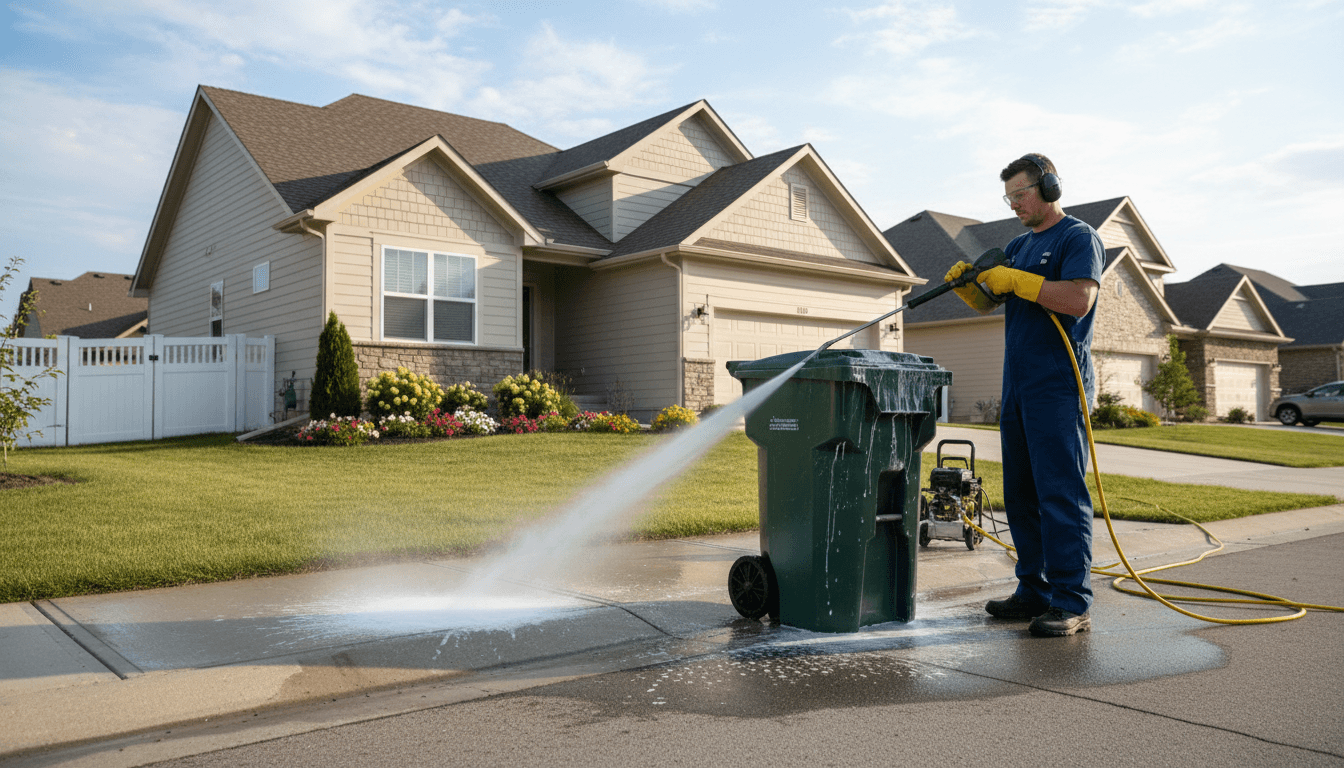 Worker in gloves pressure washing a green trash bin at the curb