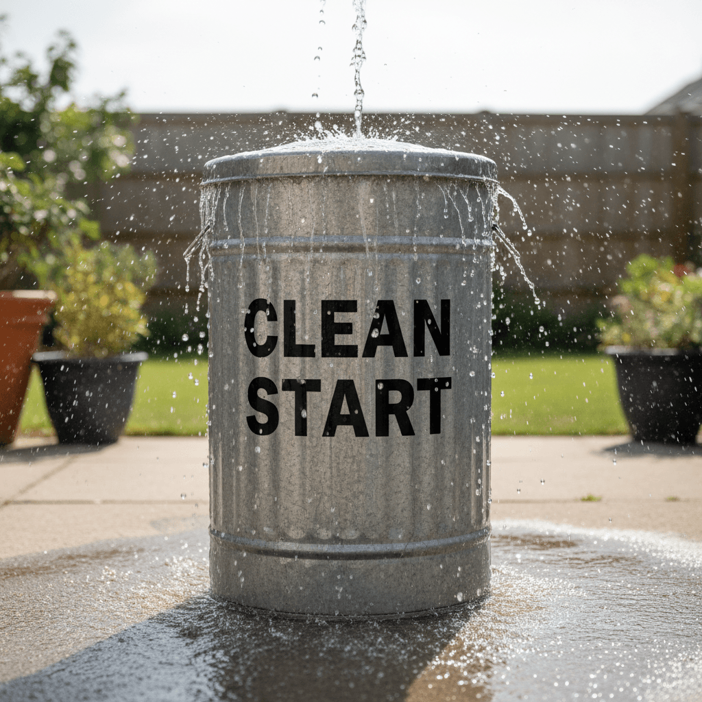 Spraying water washing the outside of a trash bin