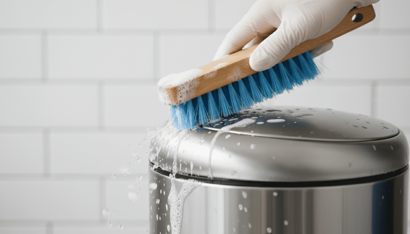 Hand scrubbing the rim of a trash bin
