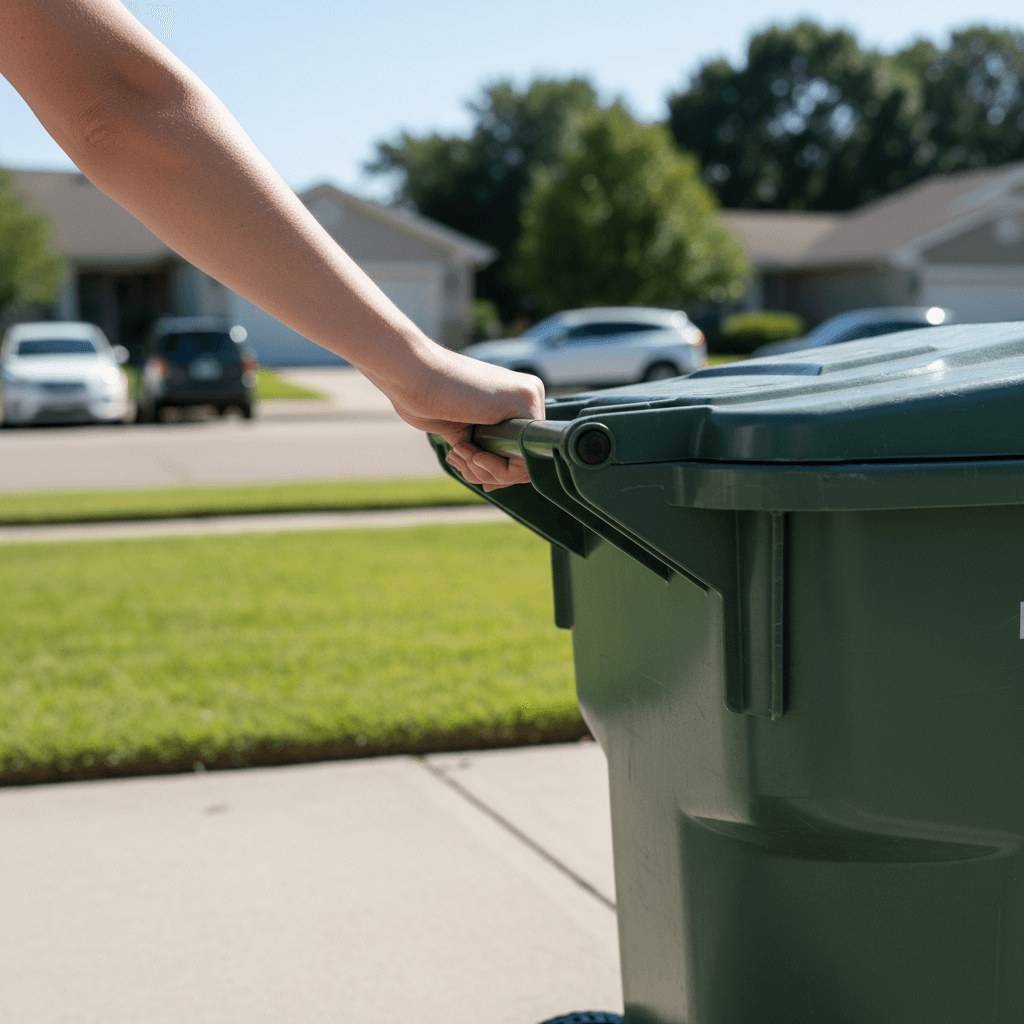 Hand rolling a trash bin to the curb on a suburban street