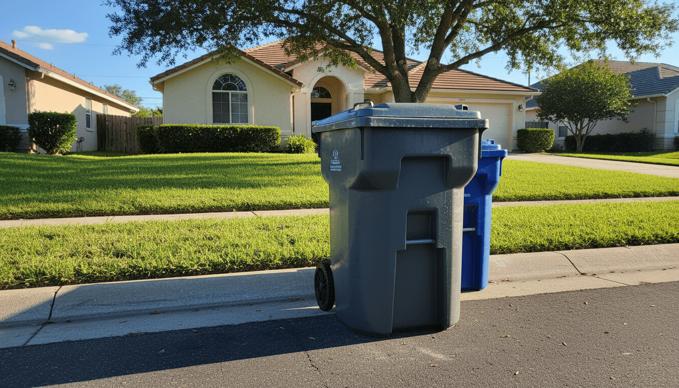 Bright green lawn with clean residential trash bin on sunny suburban curb.