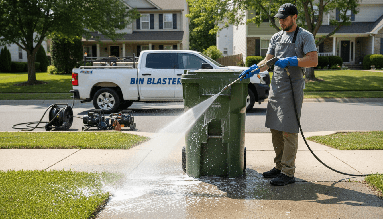 Worker cleaning a green trash bin at the curb with a pressure washer