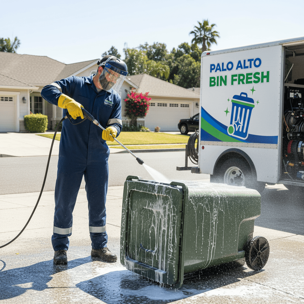 Professional cleaner pressure washing a trash bin in a sunny residential driveway