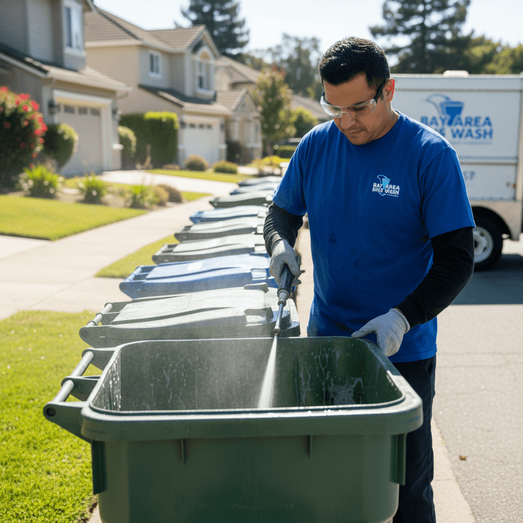 Worker cleaning a trash bin with hot water in a suburban neighborhood.