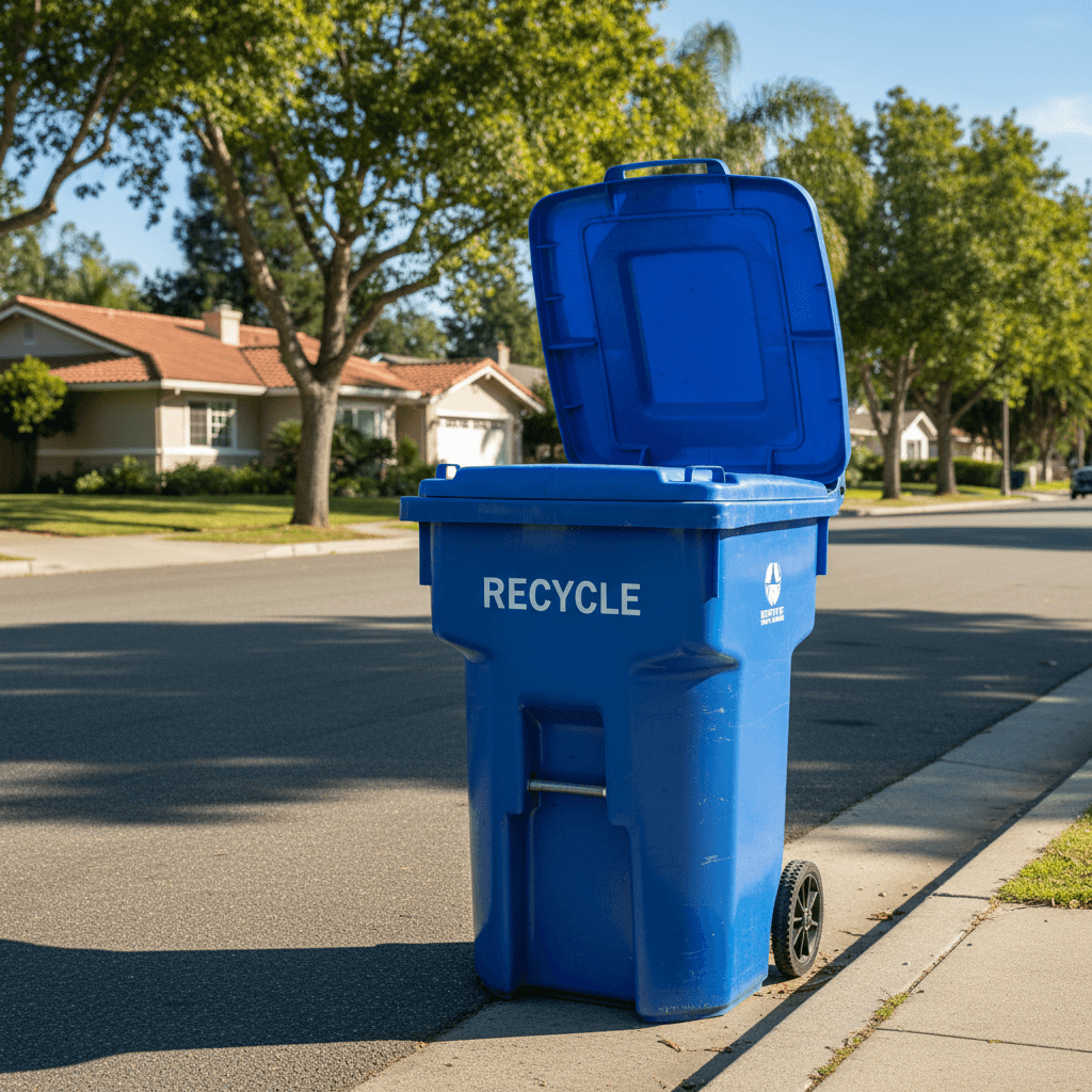Empty trash bin at the curb with its lid open, waiting for cleaning
