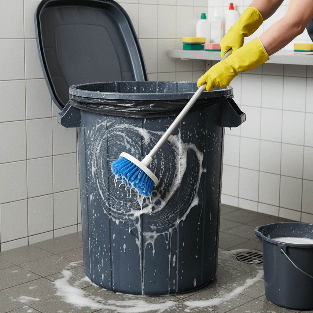 Person scrubbing the inside of a trash bin with a long-handled brush