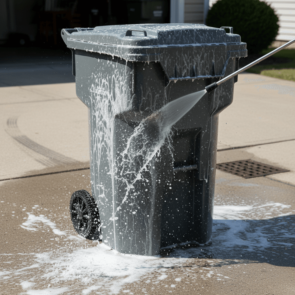 Trash bin being pressure washed on driveway