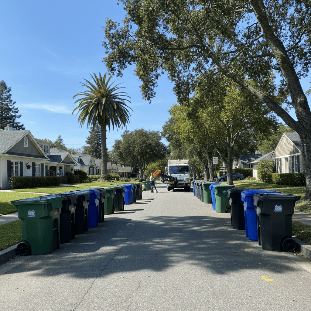 Neighborhood street in Palo Alto with bins at the curb