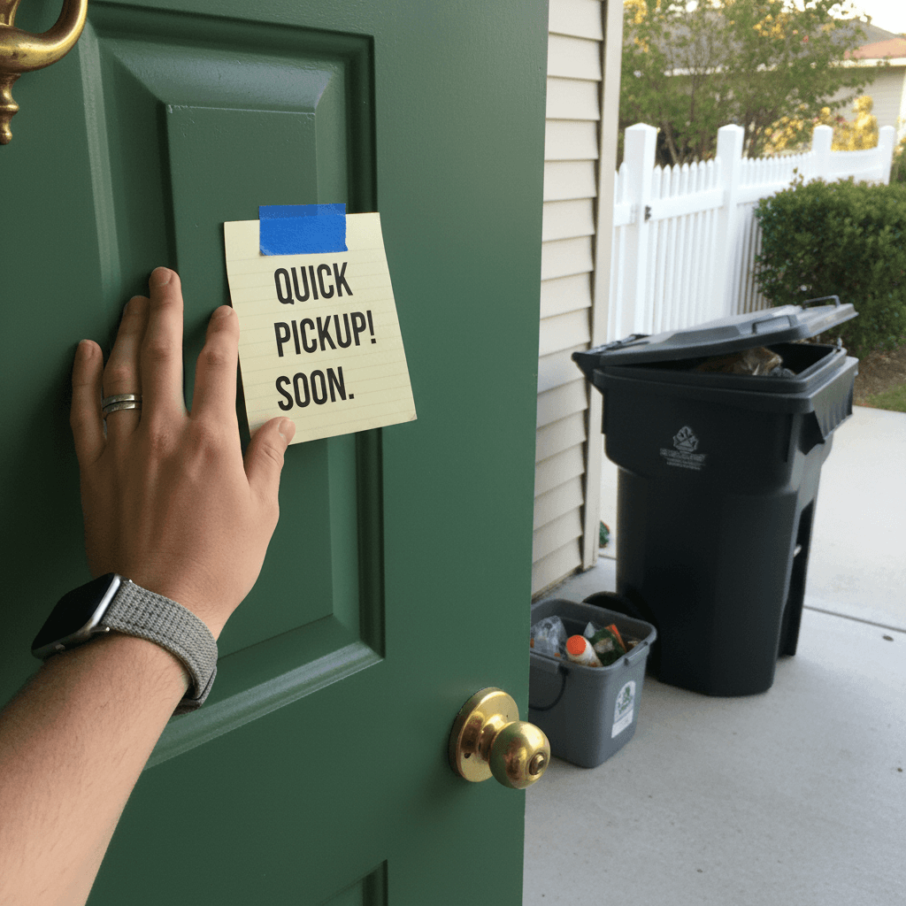 Hand leaving a note on a front door, trash bin visible in the driveway