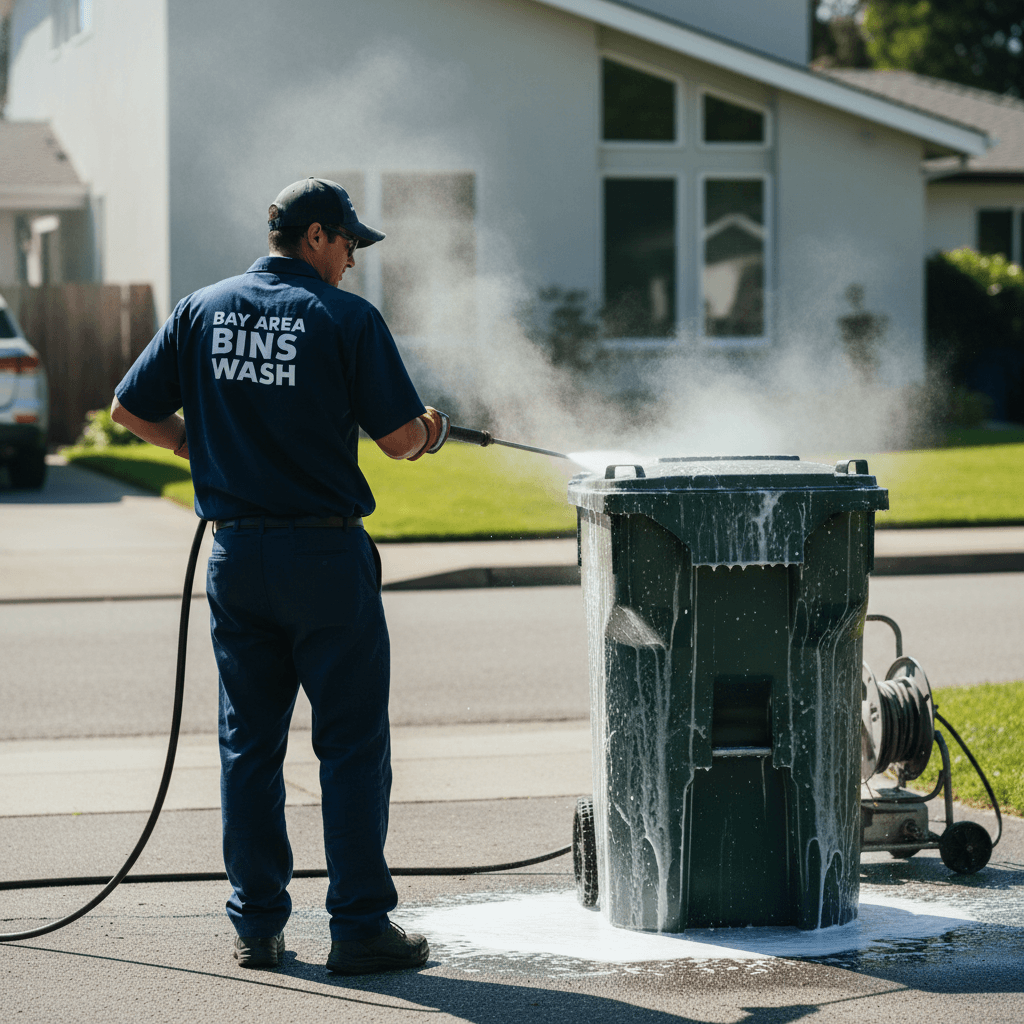Worker cleaning a trash bin with hot water in a sunny Palo Alto driveway
