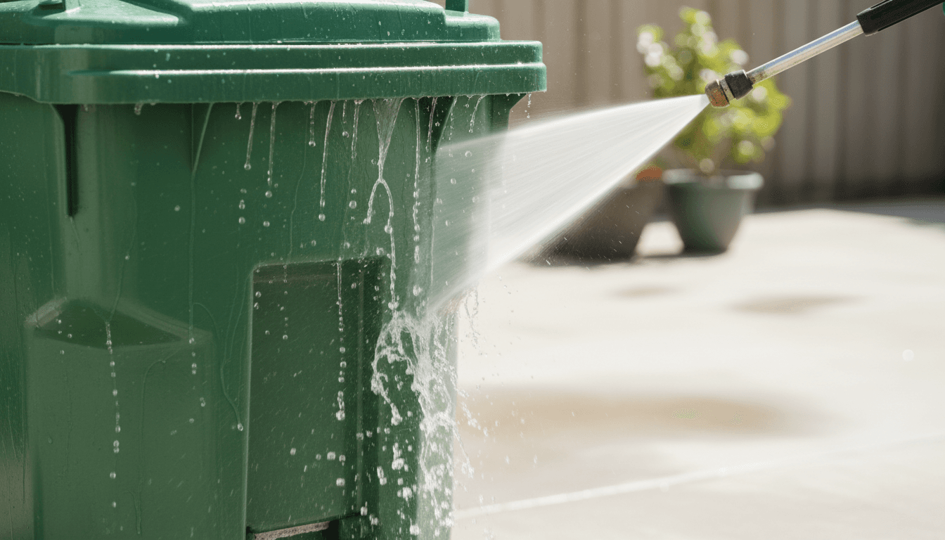 Green trash bin being pressure washed