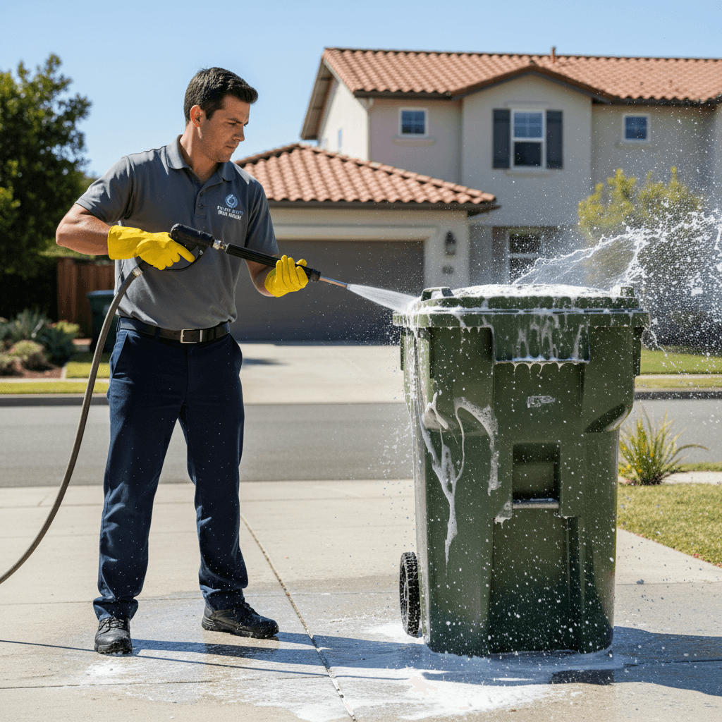 Worker pressure washing large trash bin with hot water and soap foam in residential driveway