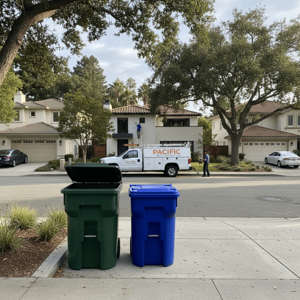 Residential Palo Alto street with a trash bin at the curb and a service truck in the distance