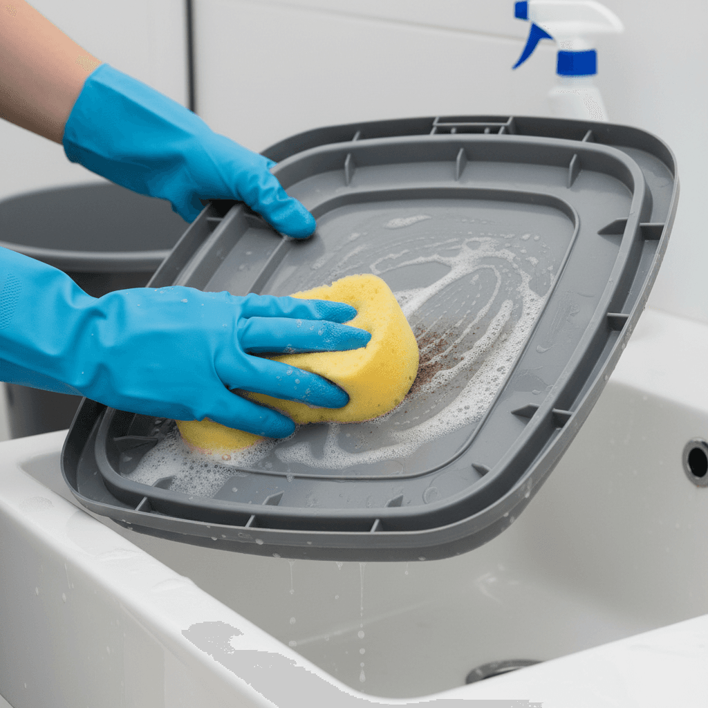 Cleaning the underside of a trash bin lid with a sponge