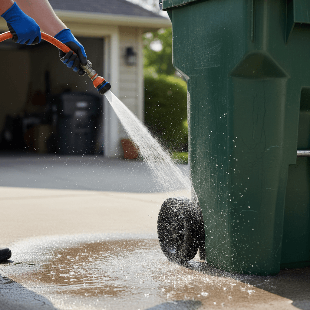 Water spraying on the wheels and base of a trash bin