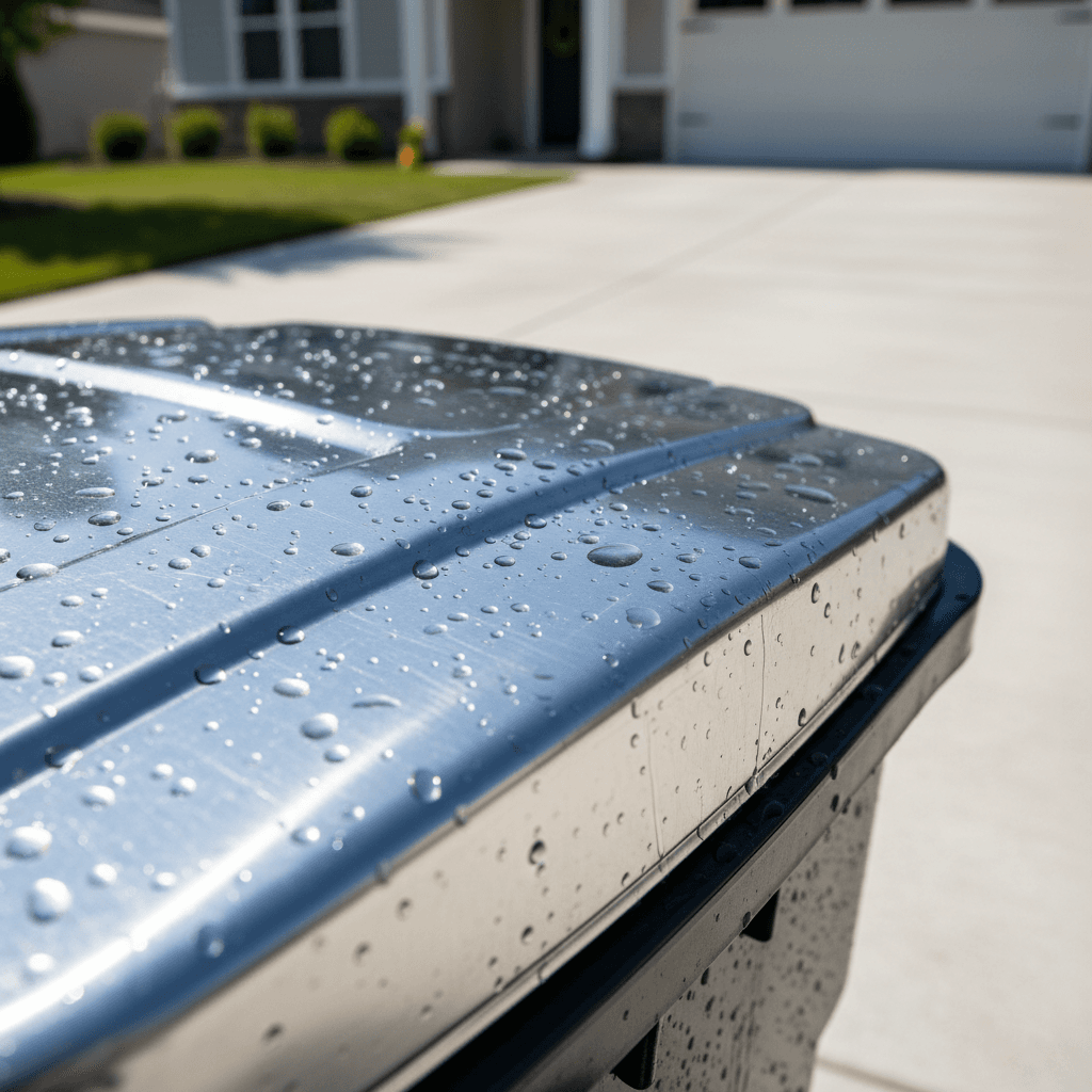 clean residential trash bin on driveway with sparkling surface after professional washing