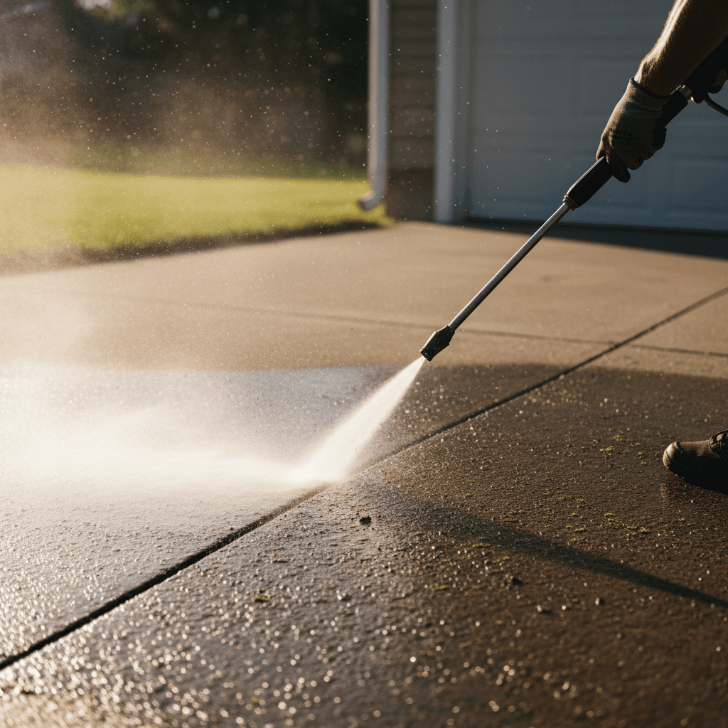 Pressure washer cleaning a trash bin