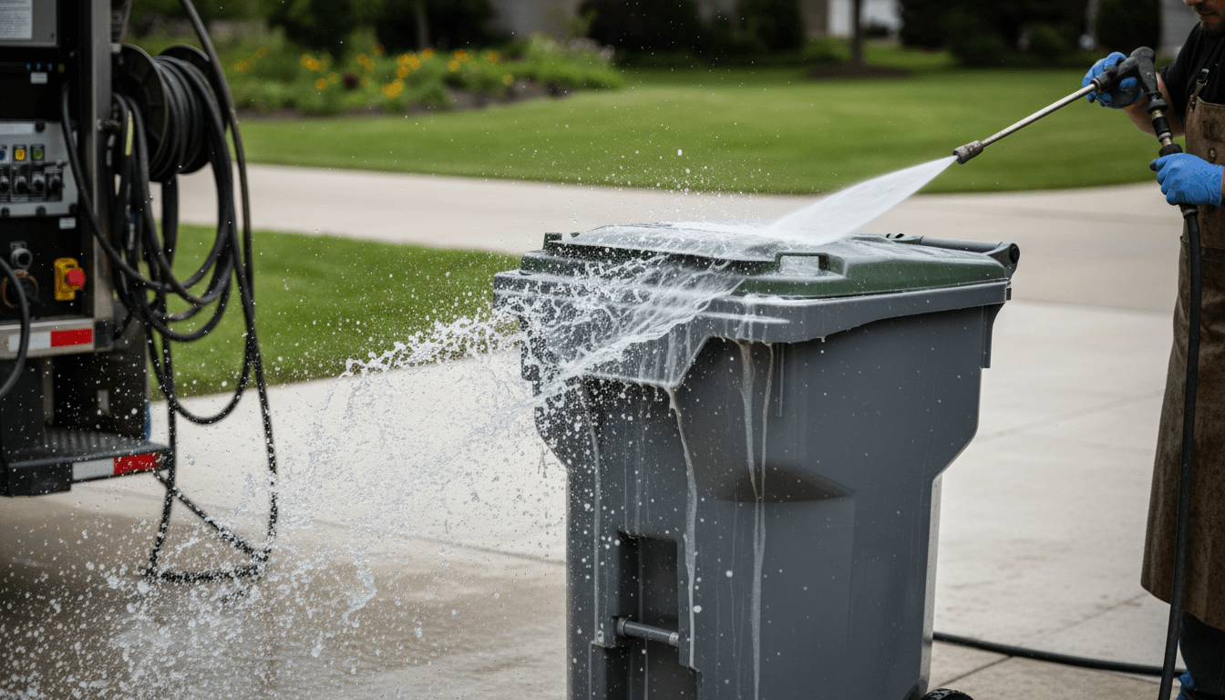 professional cleaning worker spraying pressurized hot water into large trash bin in residential driveway