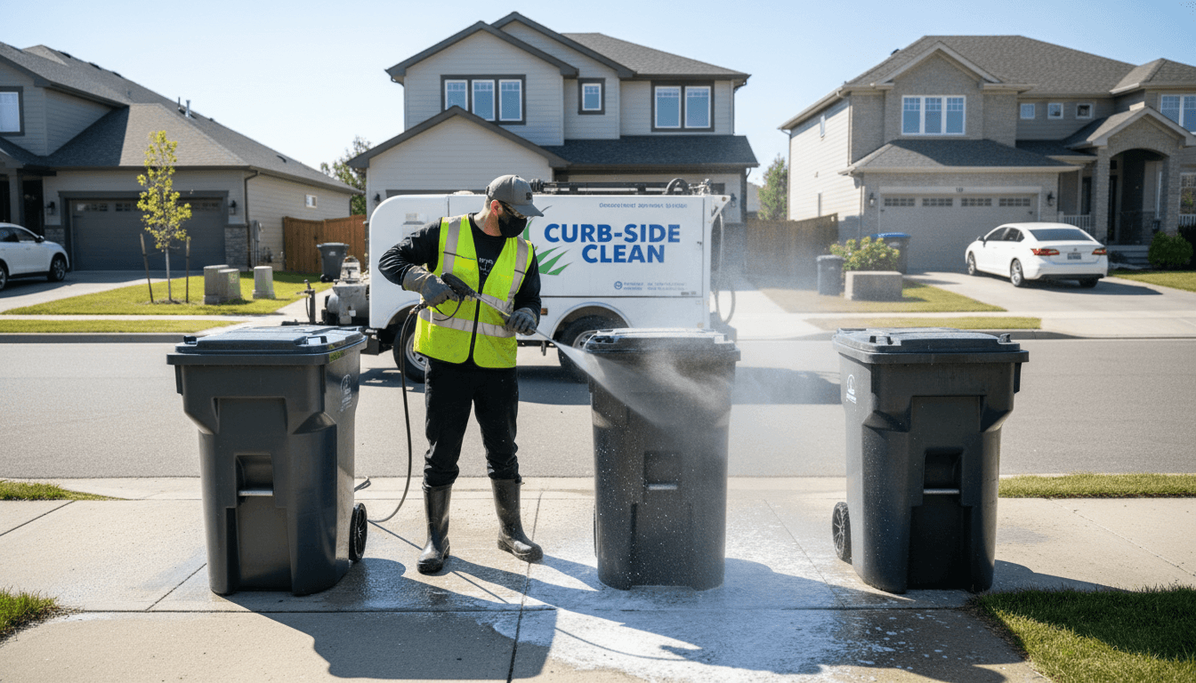 close up of pressure washer spraying water on trash bin in driveway