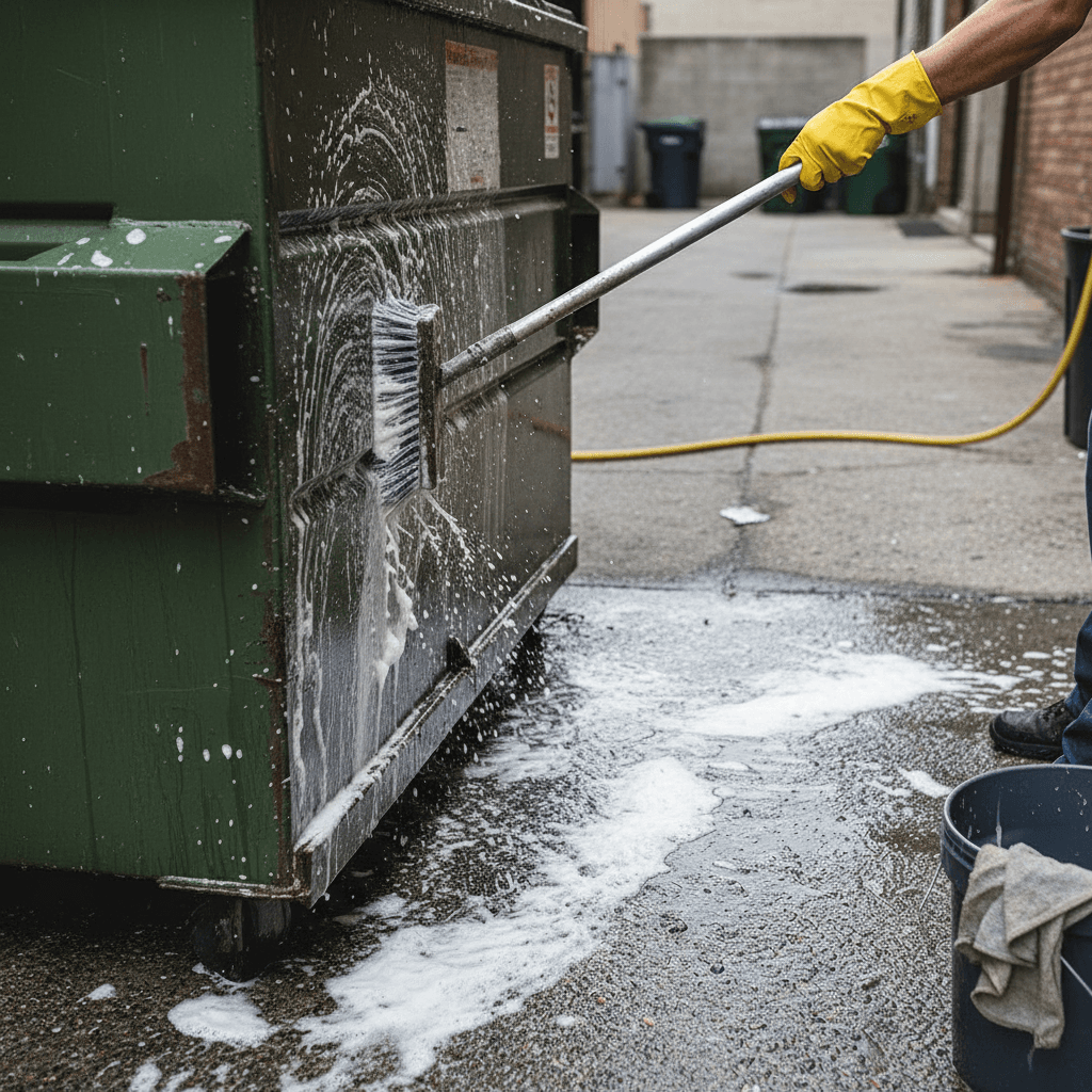 Professional cleaner wearing work gloves applying soap to trash bin lid and rim with scrub brush