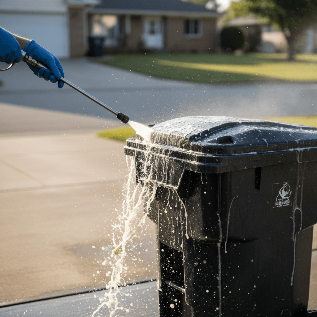 Bin being pressure washed with soapy water