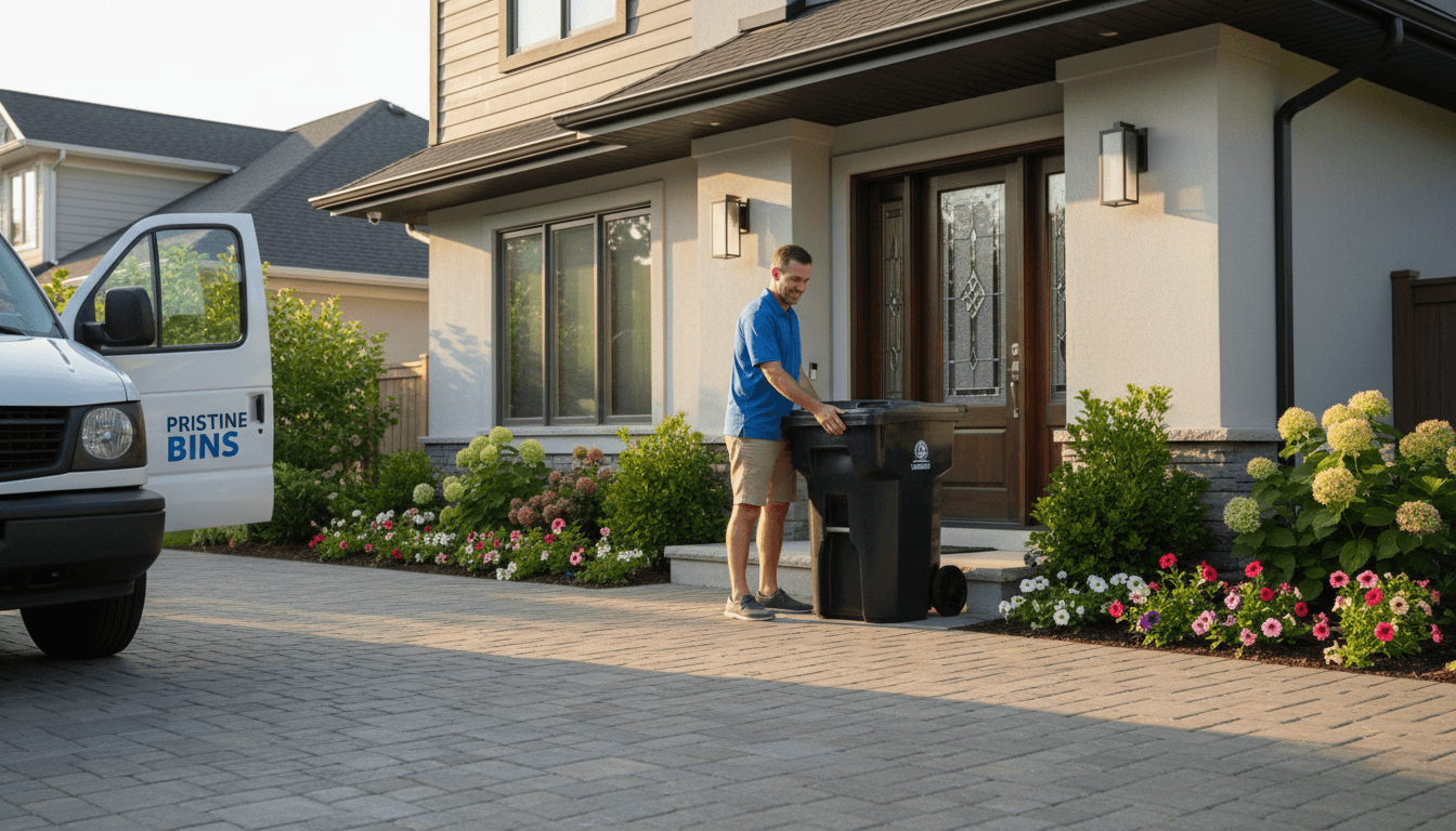 Homeowner placing a sparkling clean, freshly sanitized garbage bin back in driveway after professional deep cleaning service