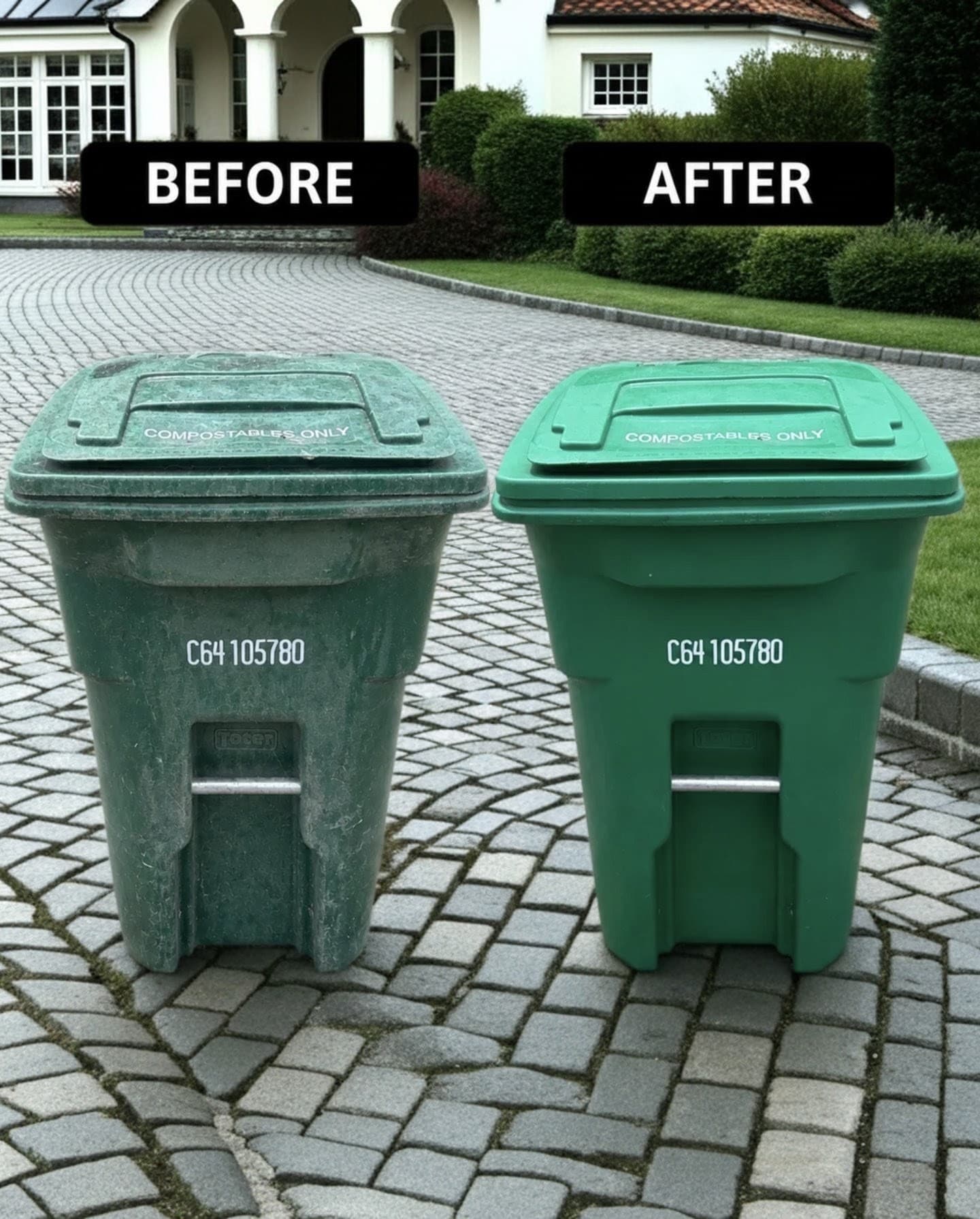 Side-by-side comparison of a dirty green compost bin before and after professional cleaning.