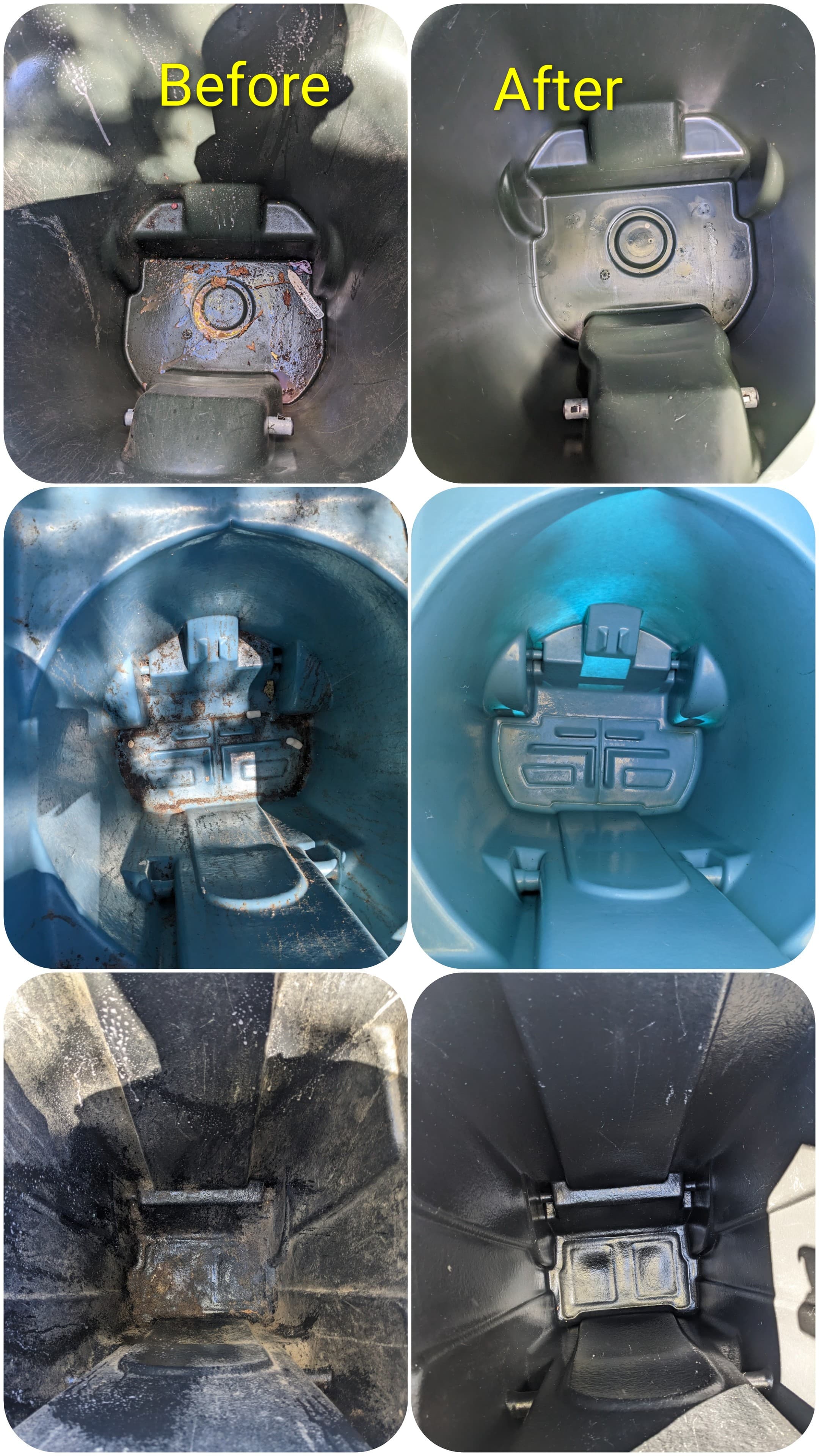 Three sets of before and after photos showing dirty trash bin interiors becoming spotless.