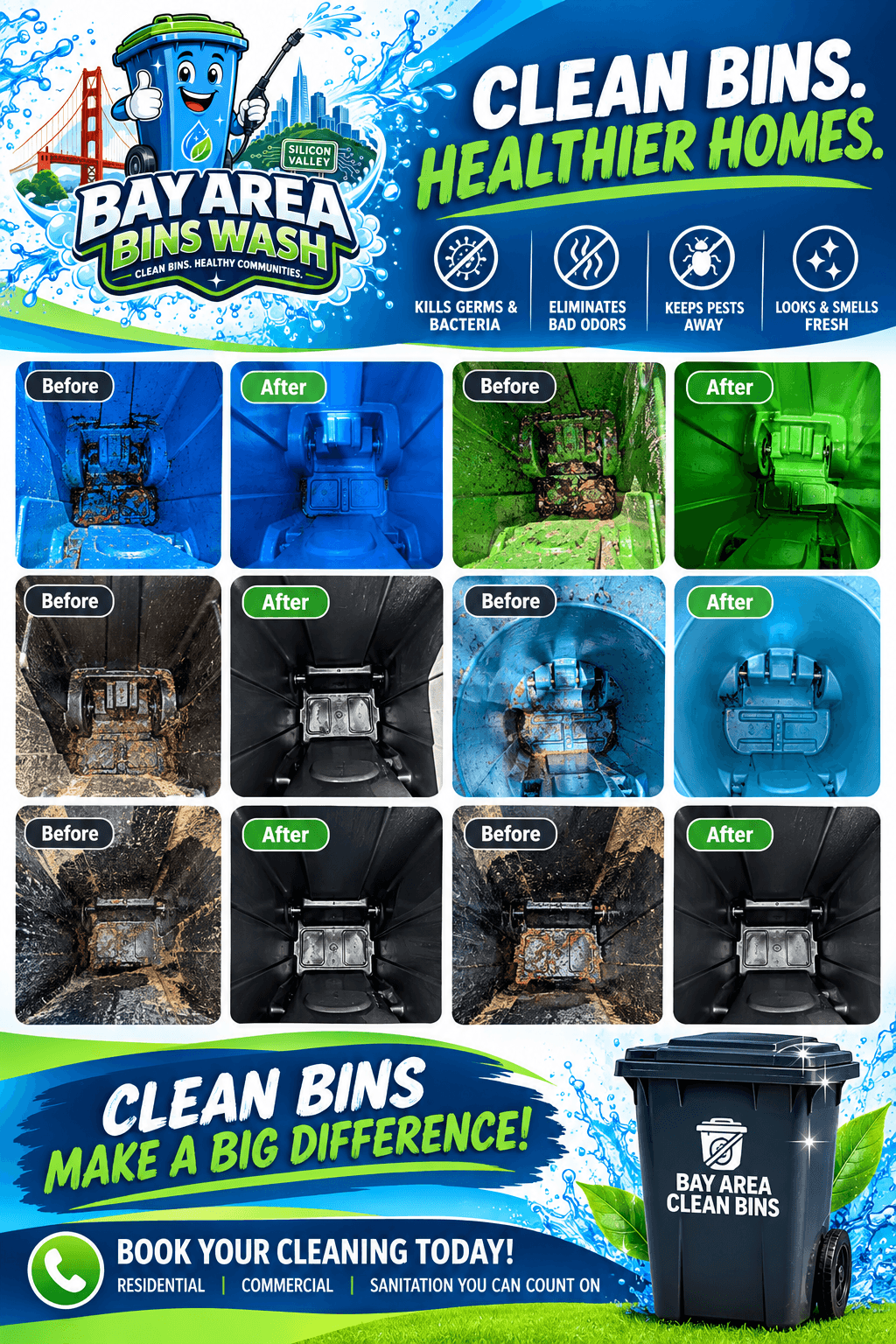 Bay Area Bins Wash advertisement showing before and after photos of sanitized trash bins.