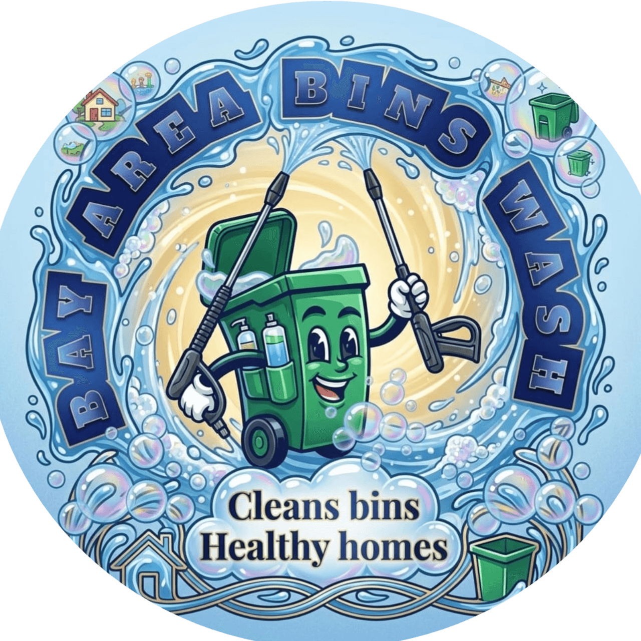 Bay Area Bins Wash logo featuring a cartoon green bin holding pressure washers and bubbles.