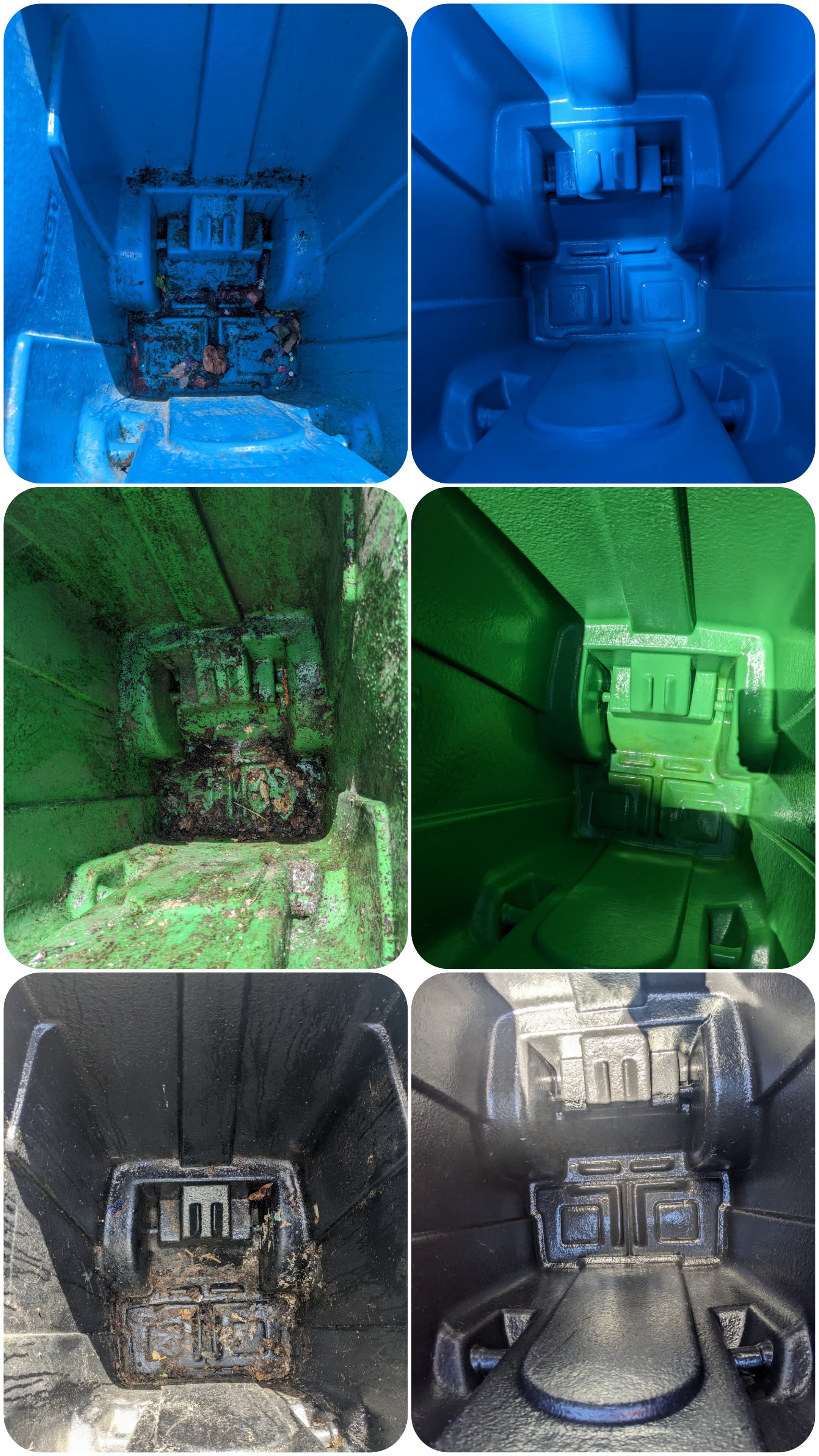 Before and after photos of dirty versus clean blue, green, and black bin interiors.